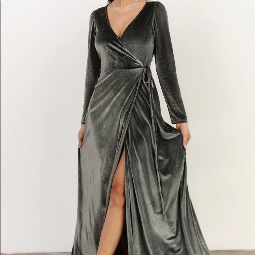 Esmerelda Velvet Wrap Maxi Dress in Eucalyptus from Baltic Born